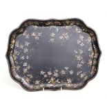 A Victorian Jennens & Bettridge, Makers to the Queen, lacquer tray with mother of pearl and gilt