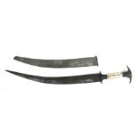 An Arab dagger with horn and bone handle and curved steel blade and sheath, 52cms long.Condition