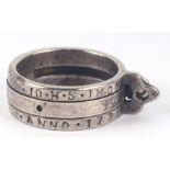 A white metal portable sundial ring after Johannes Thon, inscribed JO · H · S ·THON · ANNO · 1721