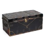 A 19th century painted cloth pine trunk with stud work decoration, 43cms wide.