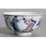 A Chinese Ducai footed bowl decorated with figures, six character blue mark to the underside, 11.