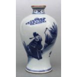 A Chinese blue & white Meiping vase decorated with figures in a landscape, two character mark to