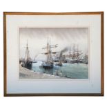 A W Smith (20th century British) - Ships Moored in a Harbour - signed lower left, watercolour,