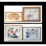 A Chinese watercolour painting depicting chaffinches in prunus, signed, in a faux bamboo frame, 32