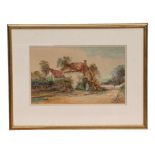 Victorian school - Figure on a Country Lane by a Thatched Cottage - indistinctly signed lower