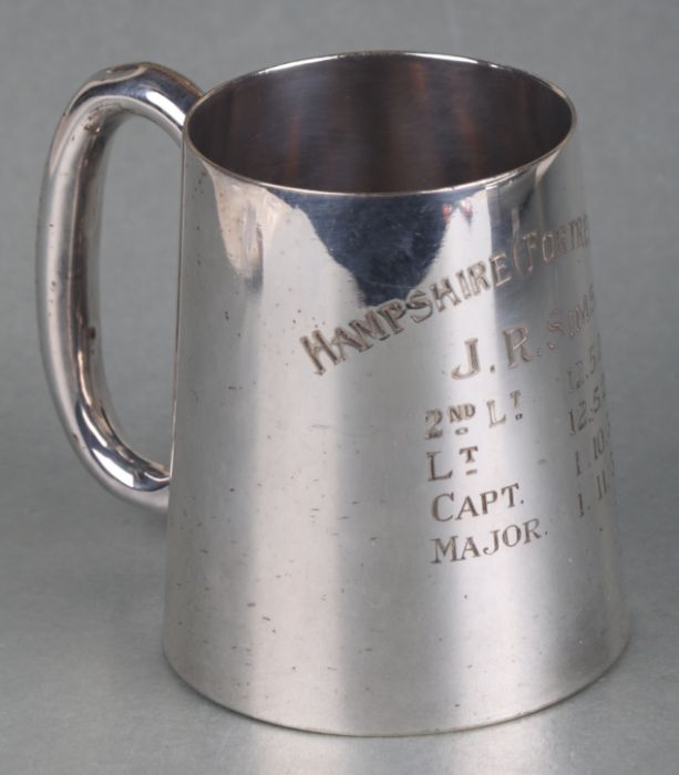 A silver plated tankard with engraved Hampshire (Fortress) RE awarded to Major J. R. Sims, 9cms - Image 2 of 2