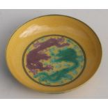 A Chinese porcelain yellow glazed shallow dish decorated with dragons and garlands of fruit, six