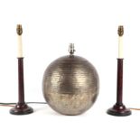A pair of Regency style faux marble table lamps; together with a Habitat ribbed sphere table lamp (