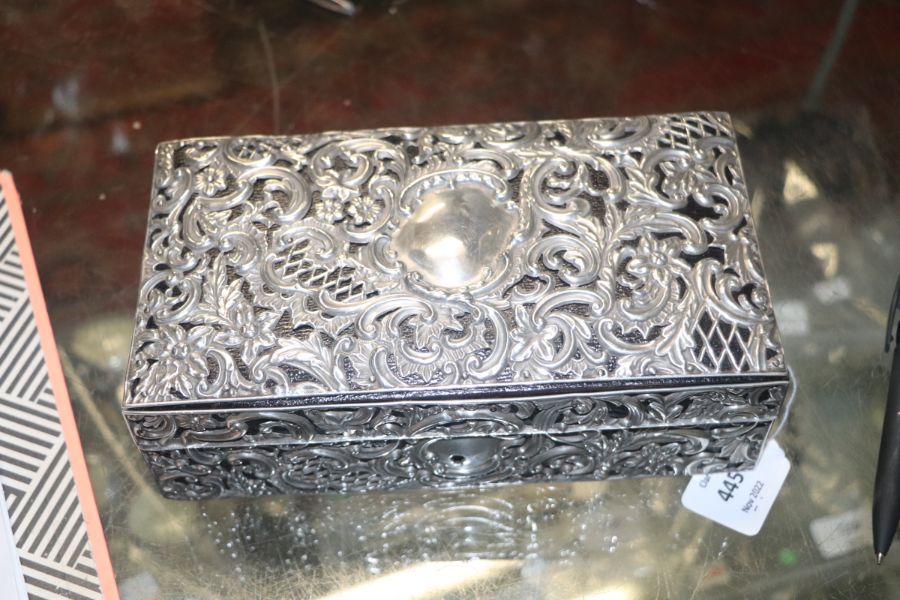 A Victorian leather jewellery box clad with silver repousse decoration, Chester 1896, 21cms wide. - Image 4 of 9