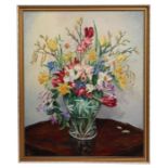 T Lovell (modern British) - Still Life of Flowers in a Vase on a Table Top - oil on board,