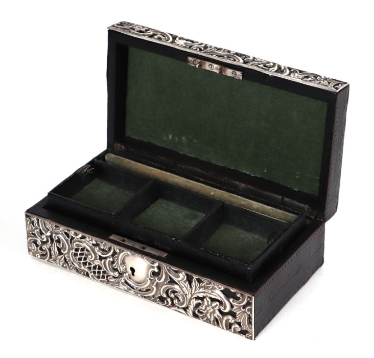 A Victorian leather jewellery box clad with silver repousse decoration, Chester 1896, 21cms wide. - Image 2 of 9
