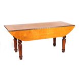 A Victorian pine kitchen table base with single end drawer with an associated birch veneered top,