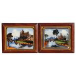 A pair of reverse paintings on glass depicting river scenes, in faux rosewood frames, each 26 by