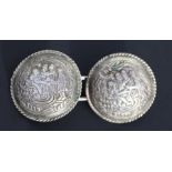 A pair of mid 19th century Belgian silver cloak pins with repousse decoration, each approx 5cms