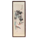 A Chinese watercolour on pith paper depicting finches amongst foliage, signature and seal marks to