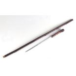 A bamboo sword stick with square tapering steel blade, overall 90cms, blade length 28cms.