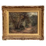 Enoch Crossland (1860-1938) - Figures on a Wooded Country Lane - oil on canvas, framed, 40 by