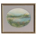 English school - Landscape Scene with Figures in the Distance - an oval, mixed media, indistinctly