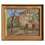 Continental school - Cherry Trees in Blossom in Front of Farm Buildings - oil on board, framed &