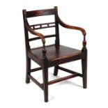 A 19th century stained beech and elm open armchair with solid seat and tapering square legs joined