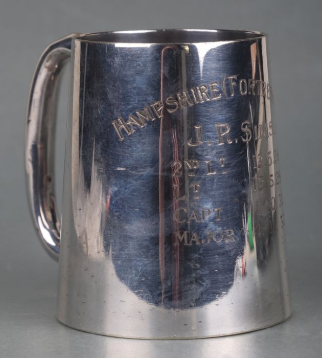 A silver plated tankard with engraved Hampshire (Fortress) RE awarded to Major J. R. Sims, 9cms