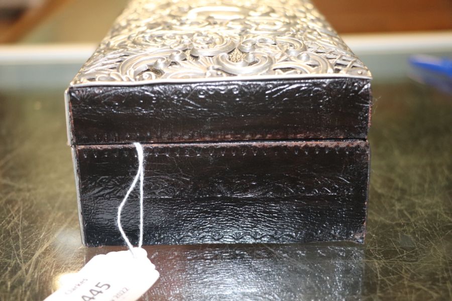 A Victorian leather jewellery box clad with silver repousse decoration, Chester 1896, 21cms wide. - Image 8 of 9