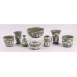 Assorted Wedgwood green Jasperware bowls and vases, the largest bowl 21cms diameter, largest vase