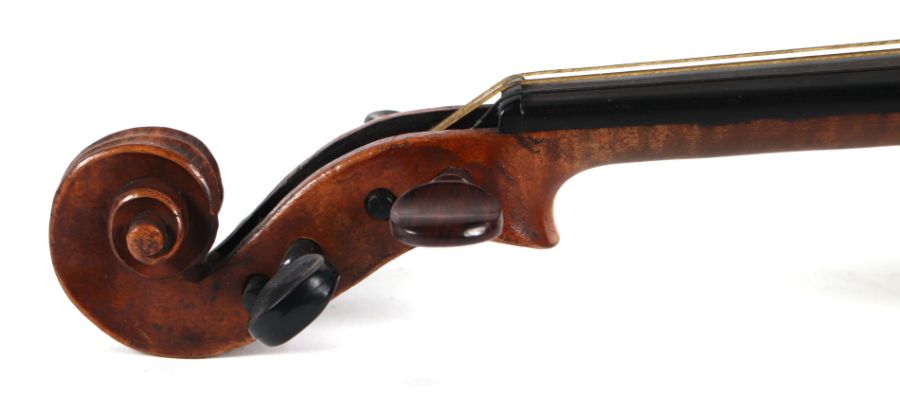 A violin with 14ins two-piece back, bears paper label 'Stradivarius, Made in Germany', with three - Image 3 of 5