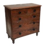 A Victorian pine chest of two short and three graduated long drawers, on bun feet, with original