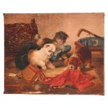 Late 19th Victorian school - Interior Scene with Three Puppies Playing - oil on canvas, indistinctly