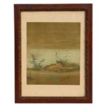 A Japanese woodblock print depicting a partridge within a landscape, signed lower left, 35 by 26cms,
