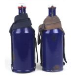 A pair of Dutch military enamel water bottles with webbing straps (2).