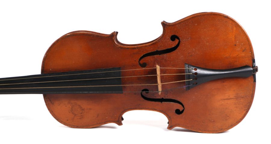 A violin with 14ins two-piece back, bears paper label 'Stradivarius, Made in Germany', with three - Image 4 of 5