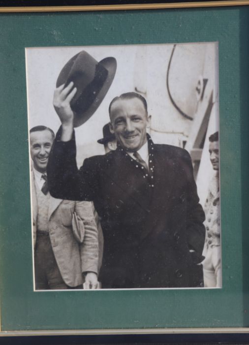 A group of signed black and white sporting photographs, Don Bradman, jack Turner and Helen Wills