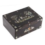 A 19th century French sewing box with brass and mother of pearl inlay, 30cms wide.Condition