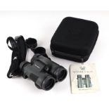 A pair of Vortex diamond black 10x42 binoculars, cased with instruction pamphlet.