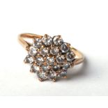 A 9ct gold white stone cluster ring, approx UK size 'O', 2.6g.