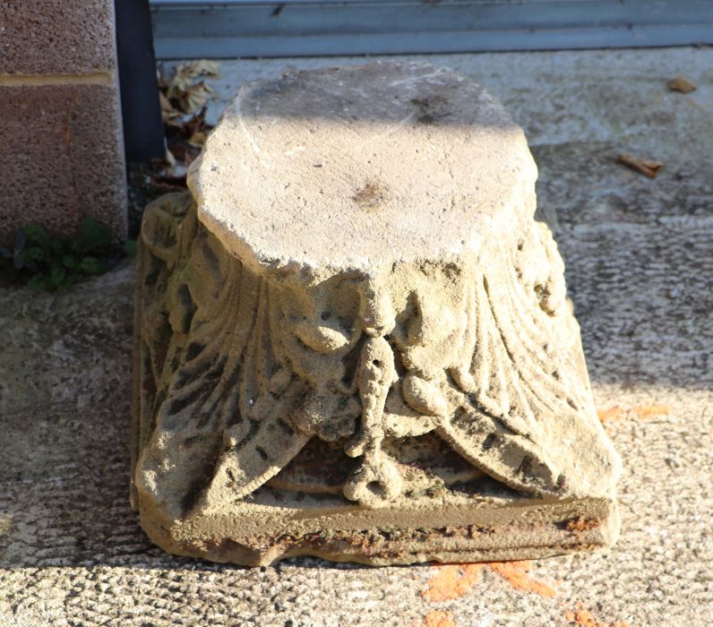 An early carved limestone capitol, possibly 12th century, 45cms wide. - Image 2 of 2