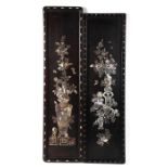 Two Chinese hardwood panels with inlaid mother of pearl decoration, each panel approx 60cms high (