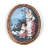 An 18th century French yellow metal mounted miniature on ivory, Mother and child with a playful dog,