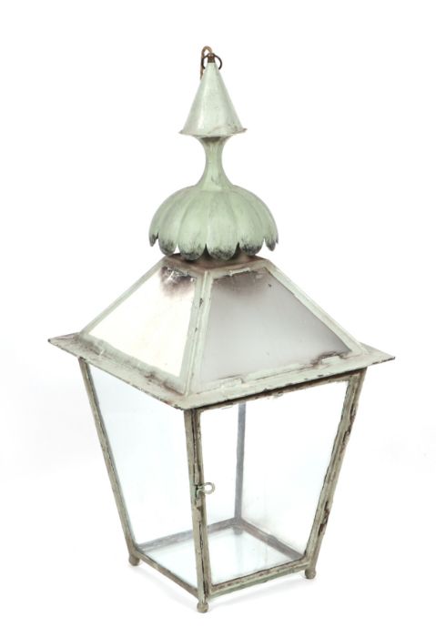 A Victorian copper lantern of traditional form with tulip shaped finial, approx 90cms high.