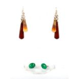 Two pairs of agate drop earrings; together with a pair of malachite stud earrings