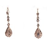 A pair of 19th century old cut diamond set yellow metal drop earrings, 5cms drop, 9g.Condition