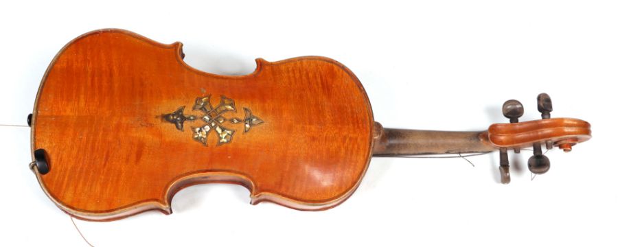 A two-piece back violin with mother of pearl inlaid decoration, approx 59cms long. - Image 3 of 5