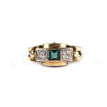 A 14ct gold fluorite and diamond Art Deco style ring, approx UK size 'O', 3.2g.