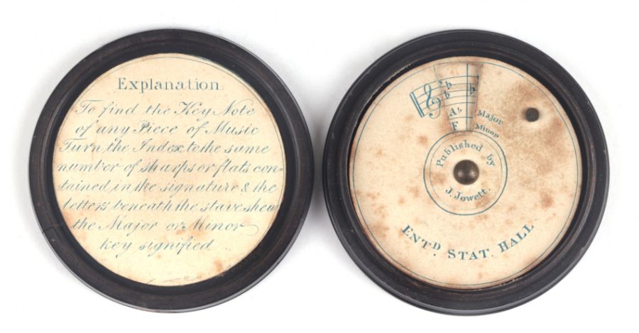 A rare mahogany cased musical note finder, published by 'J Jowett', 5cms diameter.