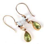 A pair of Art Nouveau style 9ct gold peridot, aquamarine and seed pearl drop earrings.