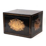 A 19th century Chinese black lacquer and gilt decorated display or shop tea caddy with decorated