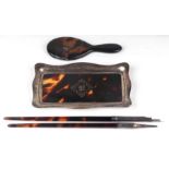 A Sampson & Morden silver and tortoiseshell dip pen and pencil set; together with a similar silver