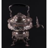 A large Sheffield plate ornate kettle on burner stand with armorials to the side and Hebrew